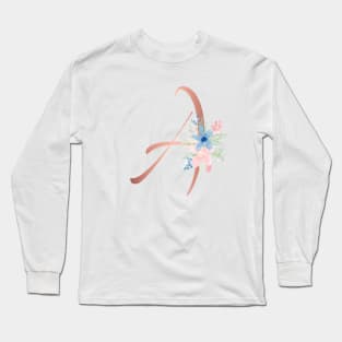 Letter A Rose Gold and Watercolor Blush Pink and Navy Long Sleeve T-Shirt